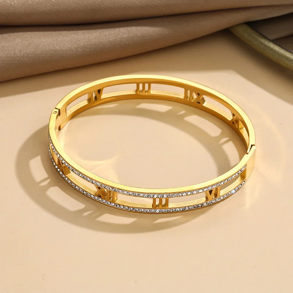 Luxus Kristall Hohl Römische Ziffer Armbänder für Frauen Männer Edelstahl Unisex Armreif Mode Klassischer Schmuck Accessoires