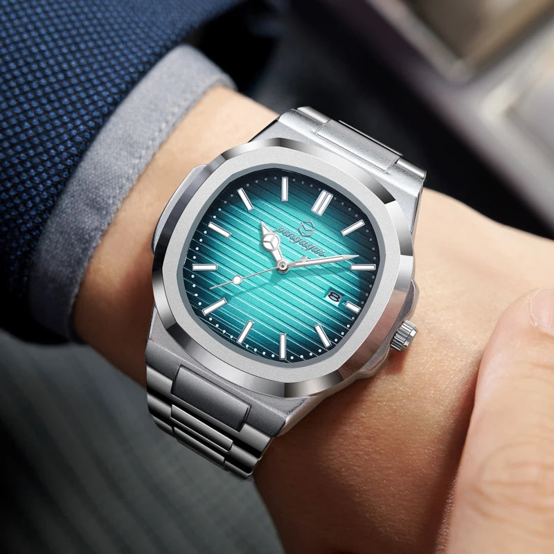 2026 Nuevo reloj de pulsera de lujo militar para hombre, cuadrado, impermeable, luminoso, con fecha y semana, reloj de cuarzo de acero inoxidable para hombre, Reloj+caja