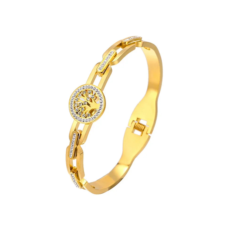 Luxus-Edelstahl-Lebensbaum-Armband für Damen und Herren, goldfarben, Zirkonia, farbecht, Glücks-Armreif, Schmuck