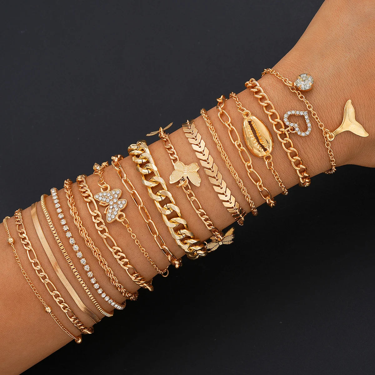 16tlg. minimalistisches Herz-Perlen-Strass-Schlangenketten-Armband-Set für Damen Elegante Goldfarbe Verabredungen Urlaube Alltagsschmuck