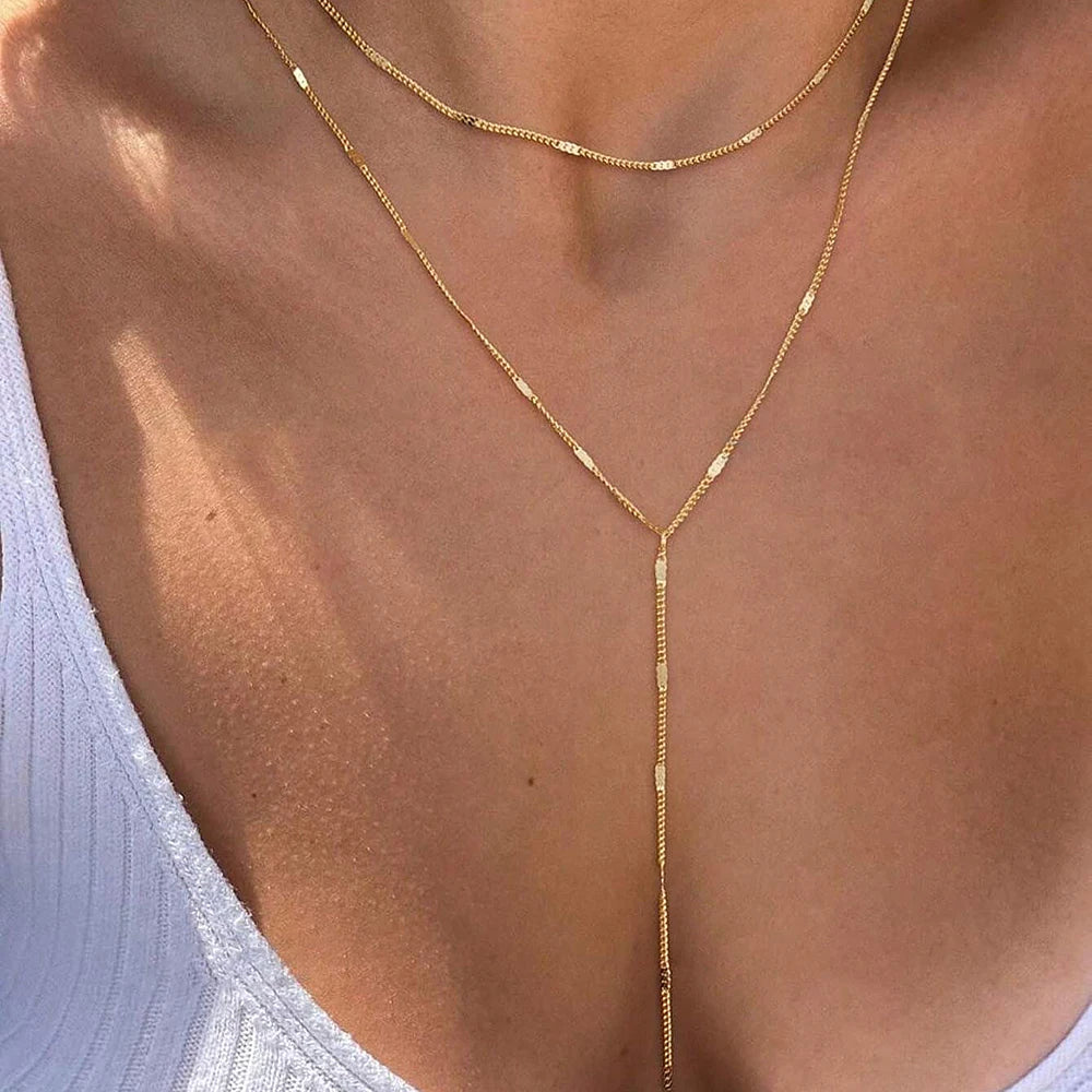 DOTIFI Edelstahl Mode Pendler Y-förmige Fransen Halskette Minimalistische doppellagige Schlüsselbeinkette Schmuck für Frauen