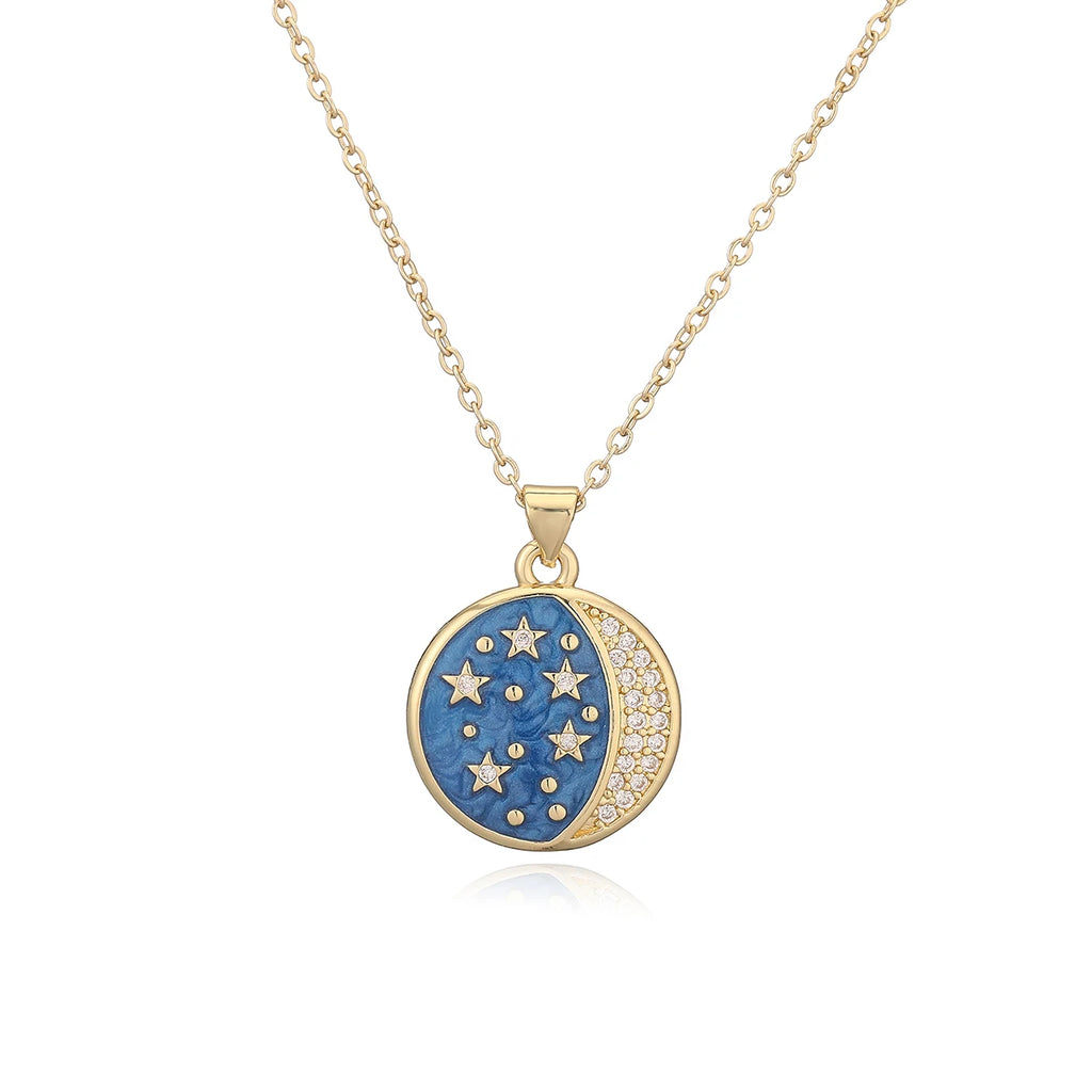 NEWBUY Delicate Blue Oil Dripping Star Moon Sun Round Pendant Necklaces For Elegant Women Bitrhday Gift