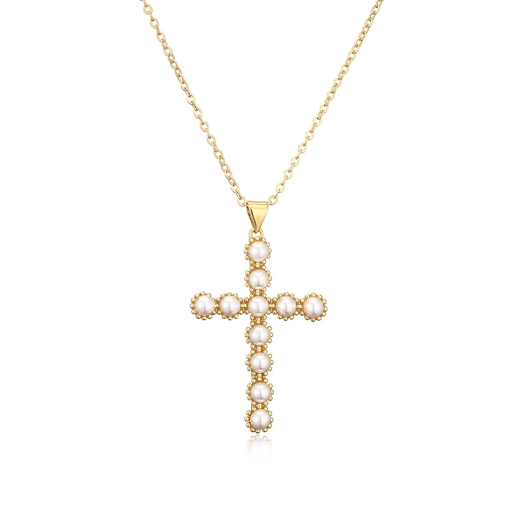 NEWBUY Classic Design Cross Pendant Gold Color 316L Stainless Steel Chain Necklace For Women Luxury Pearl Jewelry