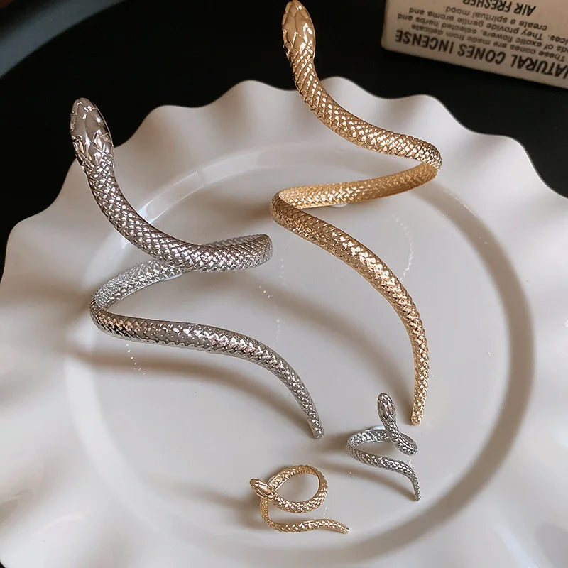 2025 New Arrival Snake Shaped Cuff Bracelet Ring Set for Women Exaggerated Metal Unique Design Bracelet Fashion Jewelry Set