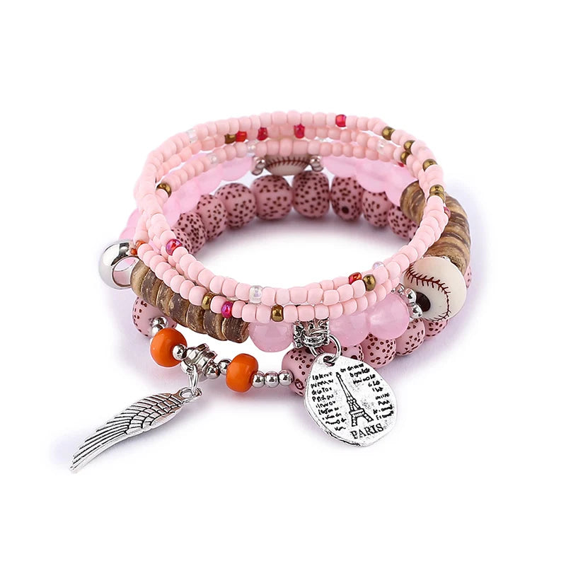 Boho Lebensbaum-Armband-Set für Frauen, modische Quasten, Charms, Holzperlen, elastische Kette, Armreif, trendiger Party-Schmuck für Mädchen