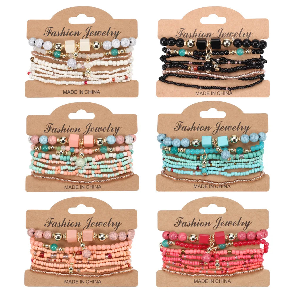 Böhmisches handgefertigtes Perlenarmband-Set für Damen Sommer Bunte Perlenketten-Armreif Mädchen Boho Schmuckzubehör