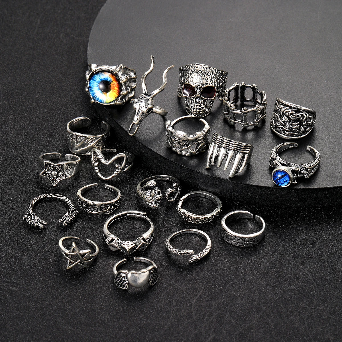 20tlg/Set Retro Punk Gothic Ringe für Frauen Männer Silber Farbe Herz Teufelsaugen Totenkopf Schlange Pentagramm Ringe Set Trendiger Schmuck Geschenk