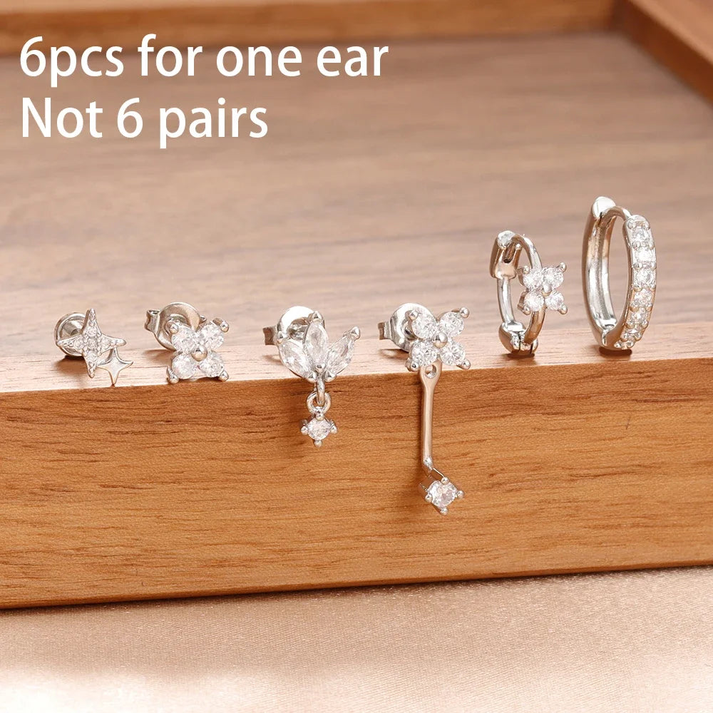 6PCS Mode Süße Zirkon Blume Ohrstecker Für Frauen Mode 18K Vergoldet Stern Ohrstecker Ohrringe Piercing Mädchen Set Schmuck Geschenk