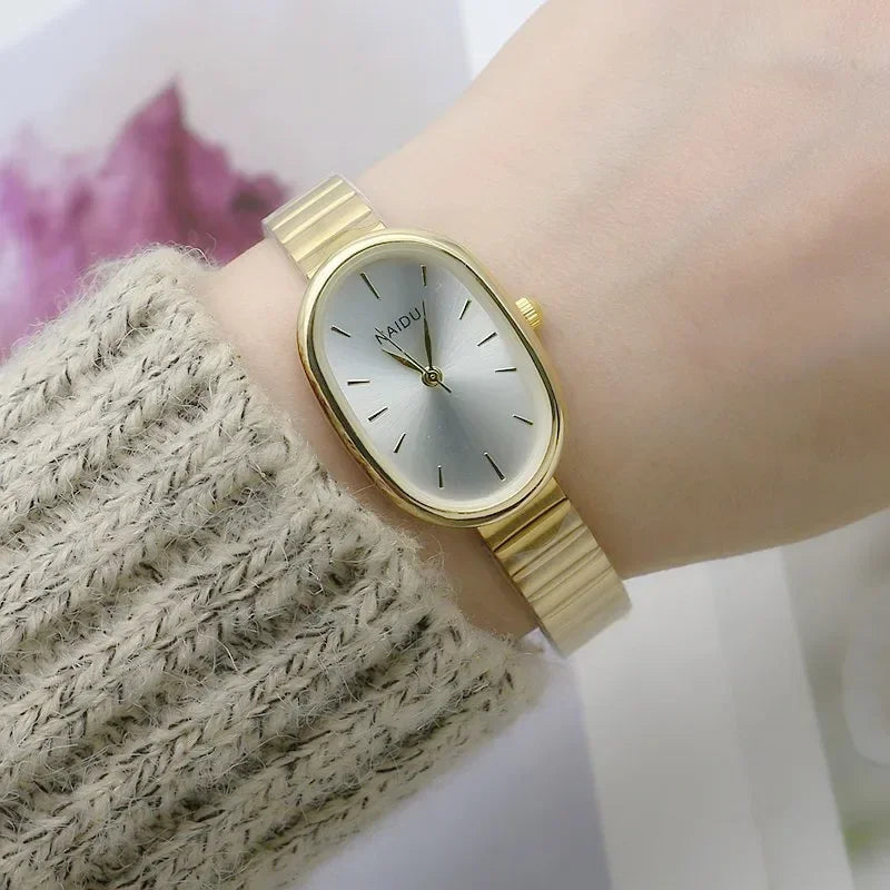 Reloj de cuarzo para mujer con esfera ovalada pequeña, correa de bambú de acero inoxidable, para niña, estudiante, ocio, moda, lujo, regalo, venta al por mayor