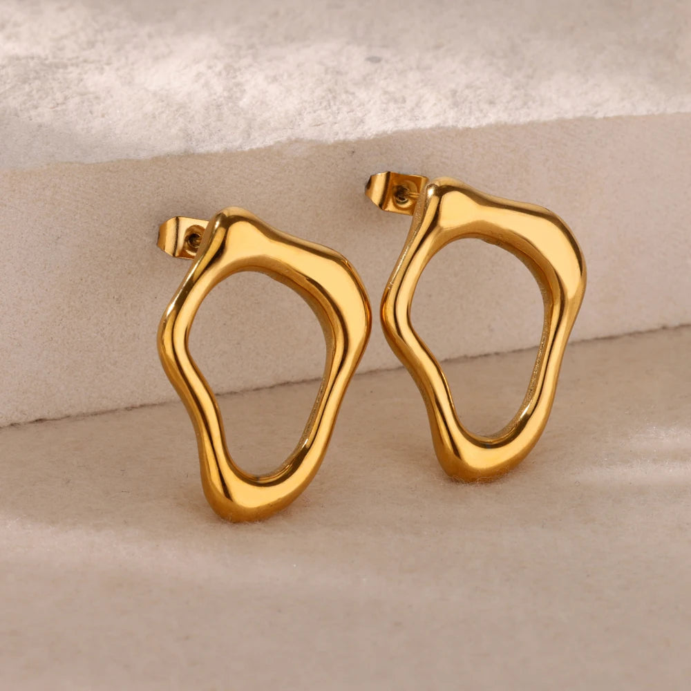 Aretes de acero inoxidable con forma hueca irregular y bonita para mujer, color dorado, para bodas, aretes con textura irregular, joyas para mejores amigas