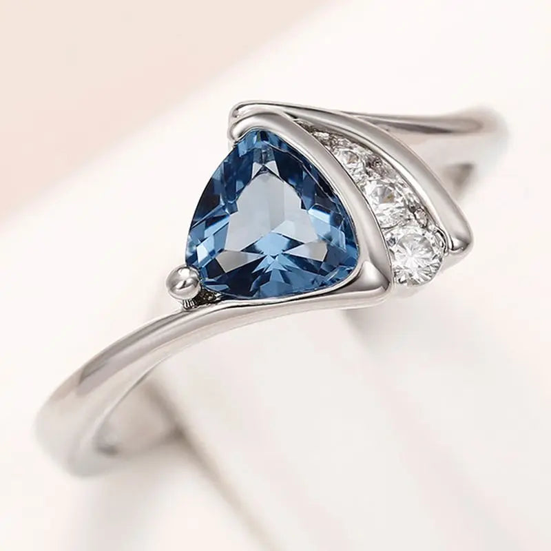 Anillos de plata de ley 925 con circonitas cúbicas azules y diseño de triángulo, para mujer, anillos de compromiso, anillos de boda, joyería de moda