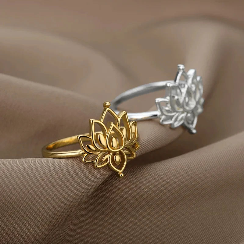Lotusblume Ringe für Damen Edelstahl Goldfarbe Hohlring Mode Hochzeit Party Ästhetischer Schmuck Geschenk anillos