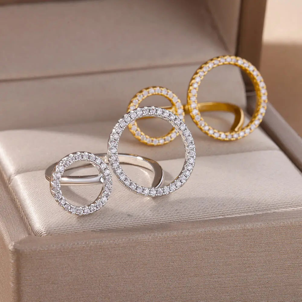 Zirkon Doppelkreisringe für Frauen Edelstahl Verstellbarer geometrischer Kreisring Hochzeit Party Ästhetischer Schmuck Geschenk femme