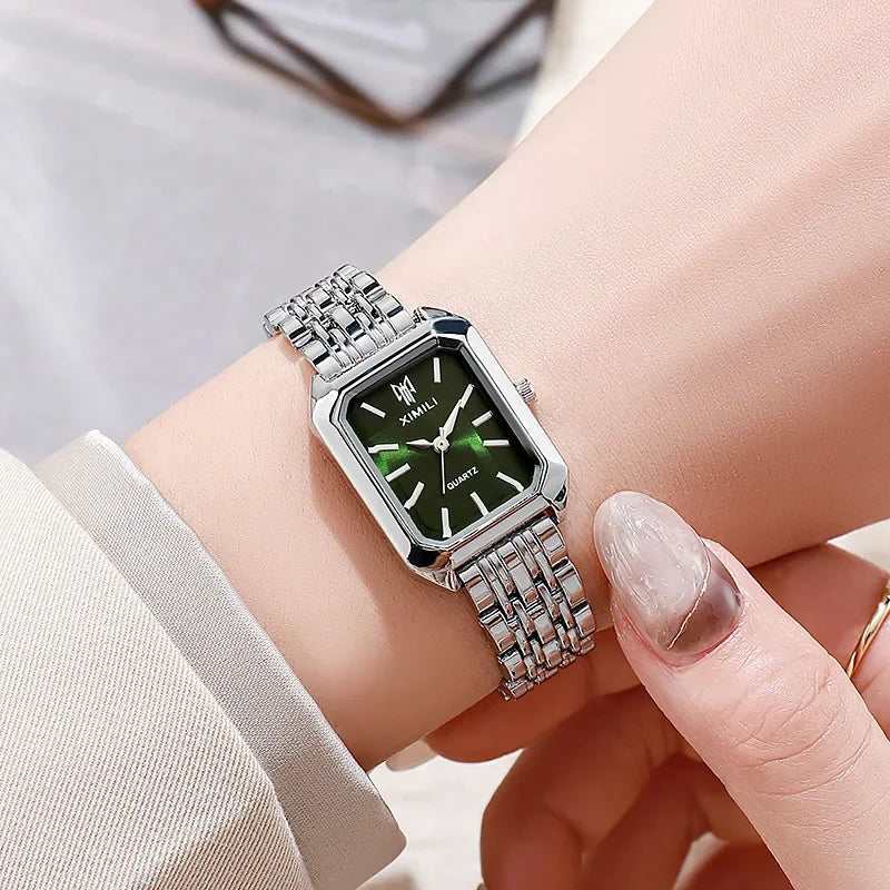 2025 Marca de moda de acero inoxidable correa de reloj para mujer, reloj de pulsera de cuarzo de lujo, reloj de cuarzo cuadrado simple para estudiantes
