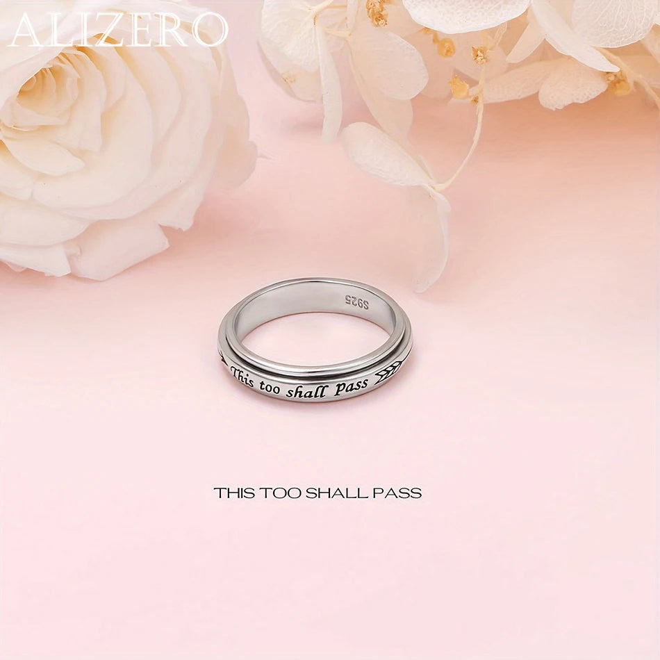 925 Sterling Silber Drehring – Zitat „Auch das geht vorüber“, Verstellbar 6-10 US-Größe, Böhmischer Vintage-Stil für Damen und Herren
