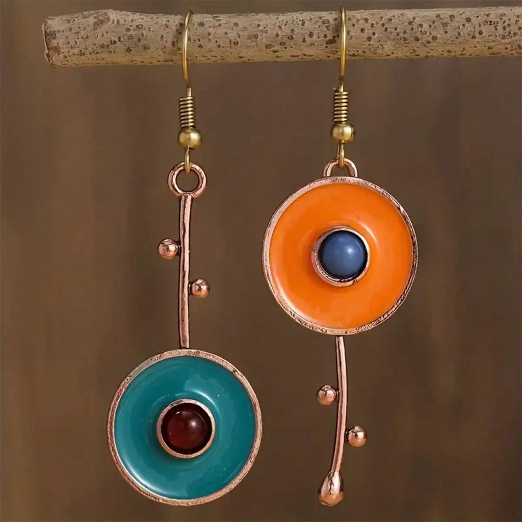 Bronze Metal Painting Pendant Earrings for Women's Ethnic Orange Blue Stone Personalized Earrings Jewelry Accessories