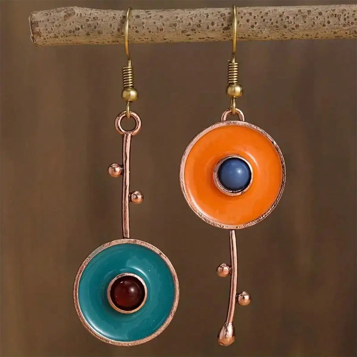 Bronze Metal Painting Pendant Earrings for Women's Ethnic Orange Blue Stone Personalized Earrings Jewelry Accessories