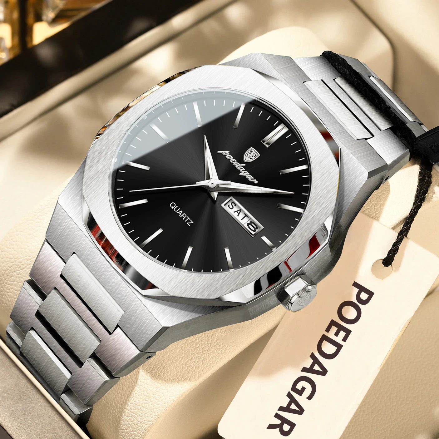 Reloj de hombre de marca de moda POEDAGAR, impermeable, luminoso, de acero inoxidable, para hombres, fecha, semana, informal, de cuarzo, Reloj de hombre