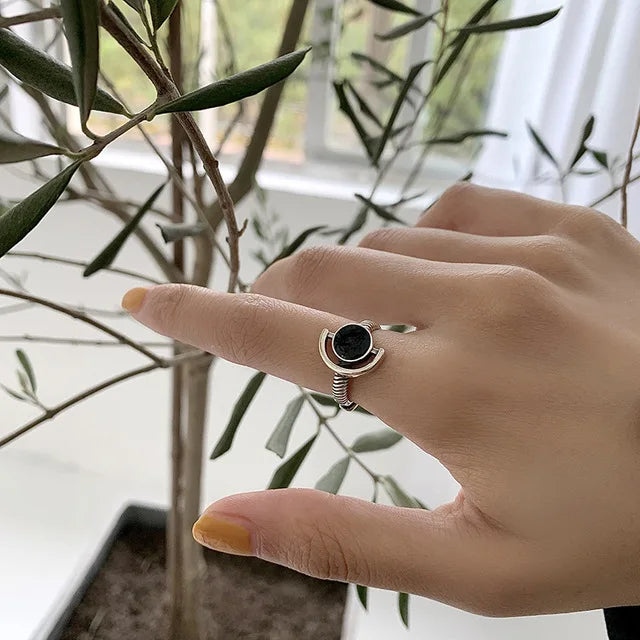 Anillo de plata de ley 925 chapado para mujer, regalo para niña, piedra negra, cristal esmaltado, retro, punk, abierto, joyería al por mayor