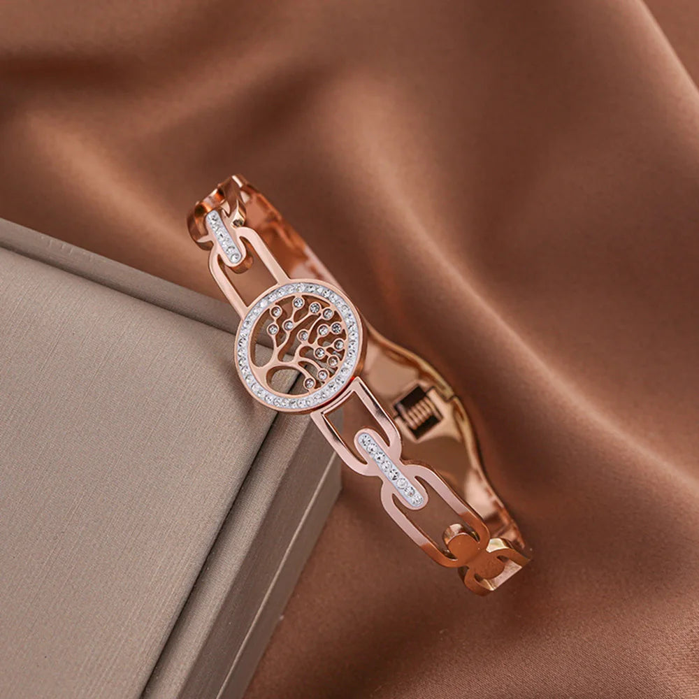 Luxus-Edelstahl-Lebensbaum-Armreif für Frauen und Männer, Kristall-Zirkon-Armband, Silber-Gold-Farbe, Handgelenkschmuck-Accessoires