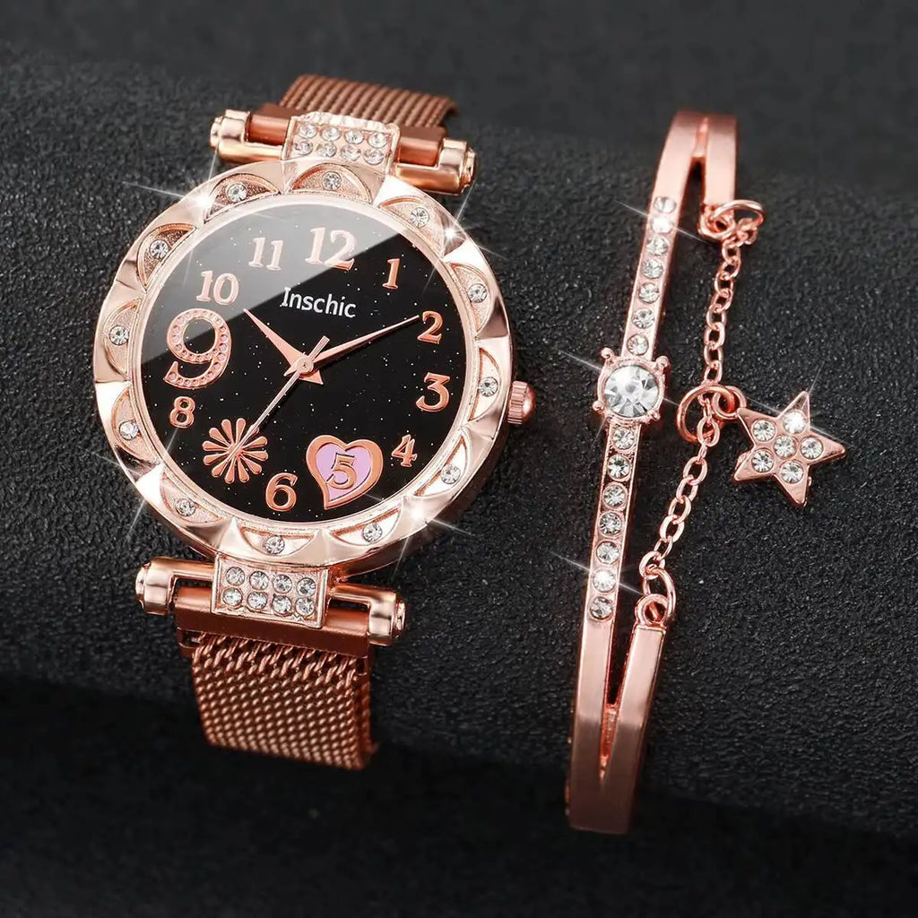 2PCS Fashion Women's Watches Set Magnet Buckle Mesh Strap Analog Quartz Watch Star Bracelet Set Reloj Mujer
