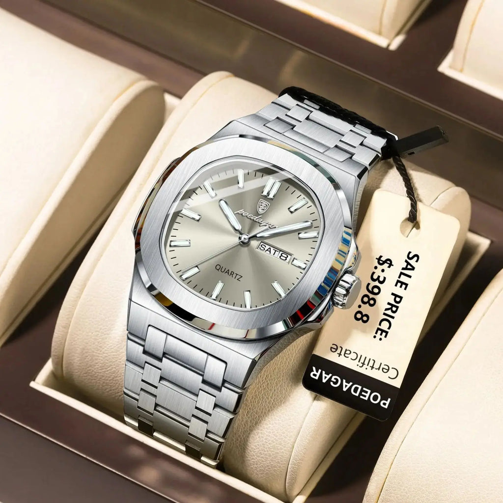 POEDAGAR Reloj de Pulsera Casual de Moda para Hombres Fecha y Día Acero Inoxidable Reloj de Hombre Luminoso Impermeable Lujo Cuarzo Relojes de Hombre+Caja