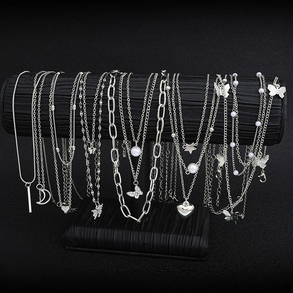 13Pcs/Set Simple Temperament Necklace Set Butterfly Pearl Heart Star Zircon Silver Color Necklace for Women Fashion Jewelry Gift