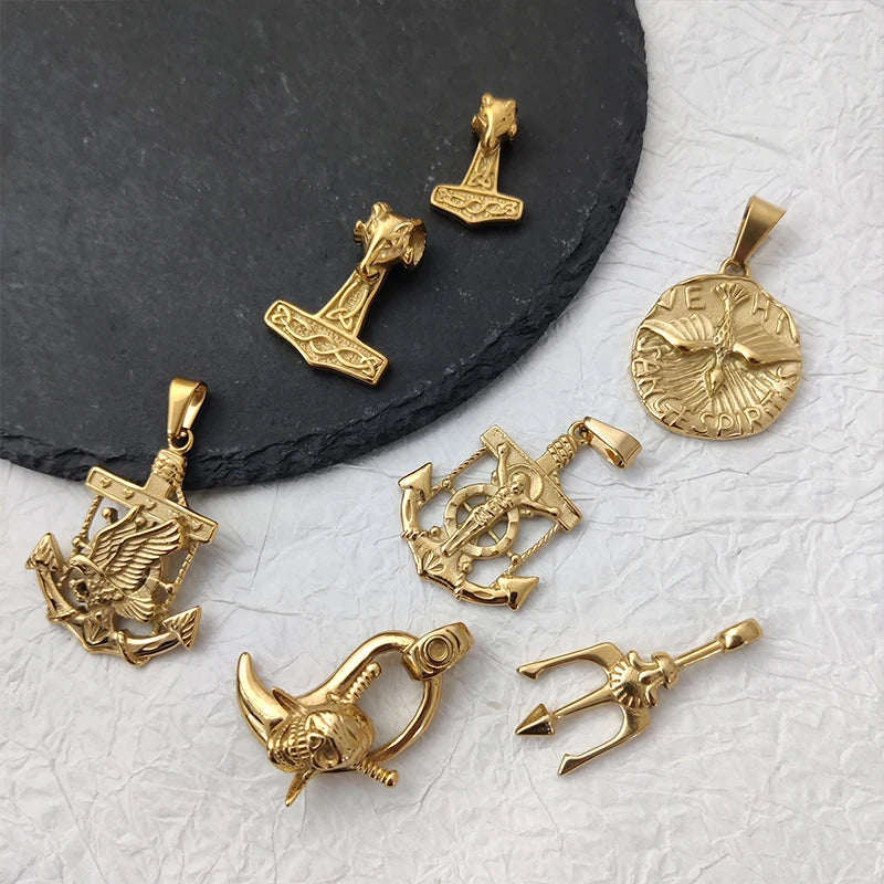 Fashion 18K Gold Plated Greek Mythology Poseidon Trident Pendant Stainless Steel Vintage Roman God Neptune Men's Charm Pendant