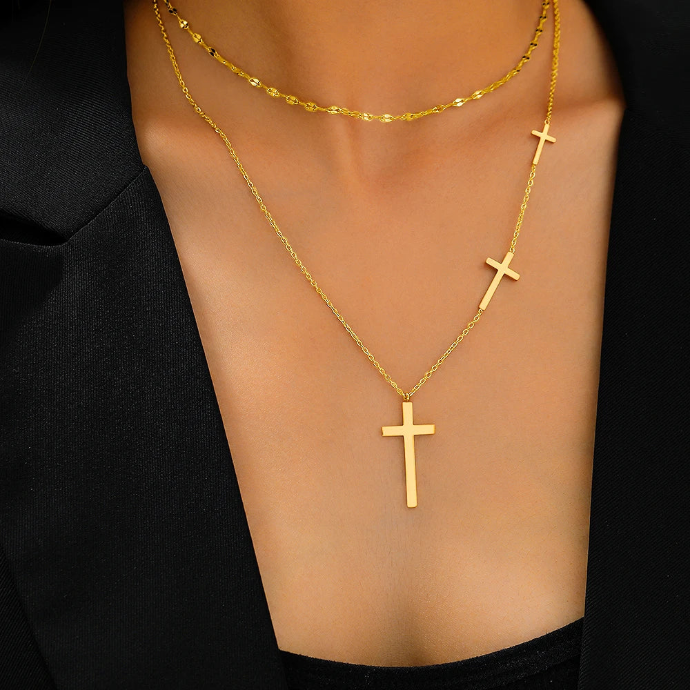DOTIFI Stainless Steel Necklaces Cross Pendant Choker Double Stacked Wear Light Luxury Fine Necklace For Women Jewelry