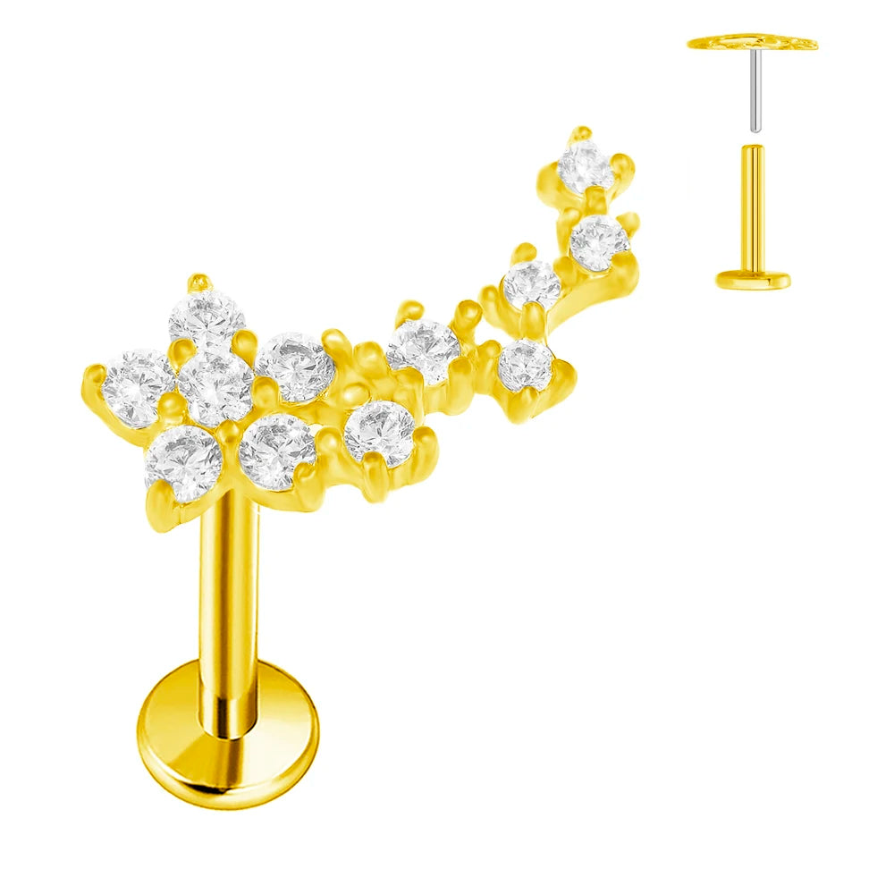 Pendiente de flor de titanio ASTM F136 G23, calibre 16G 18G 20G, sin rosca, piercing de hoja para labio, daith, labret, concha