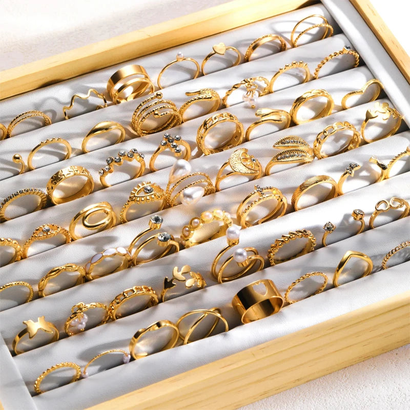 Vintage Elegantes 66-teiliges Modeschmuckring-Set Goldfarben Perle Geometrische Ringe Design für Damen Alltag Party Schmuck Geschenke 2024