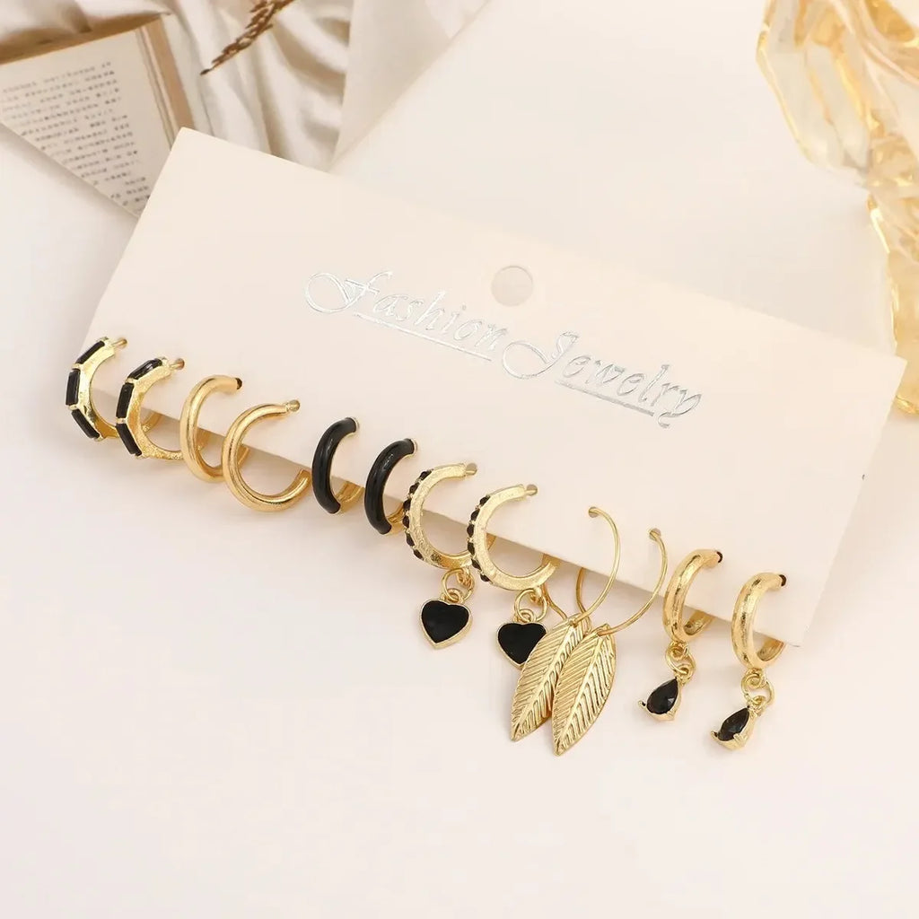 Einfaches 11-teiliges Set schwarze Herz-Blatt-Schmetterlings-Ohrringe für Damen, Mode, Temperament, Creolen, Urlaub, Hochzeit, Schmuckgeschenk