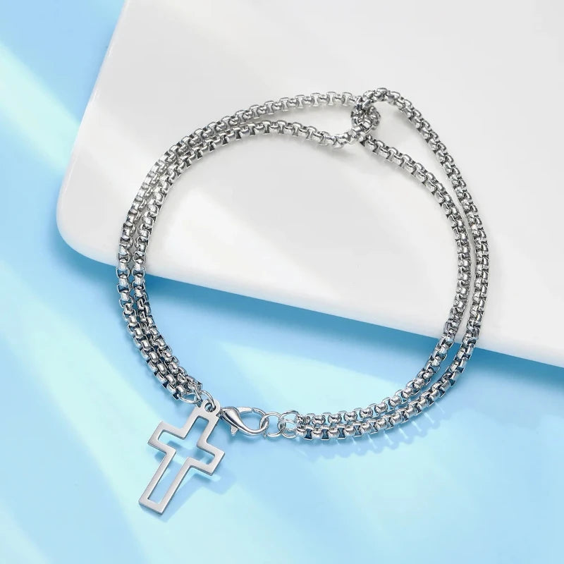 1x Armband Edelstahl Dicke Kette Kreuz Hohler Kreuzanhänger Doppelarmband Persönlichkeit Nische Hochwertiger Handschmuck