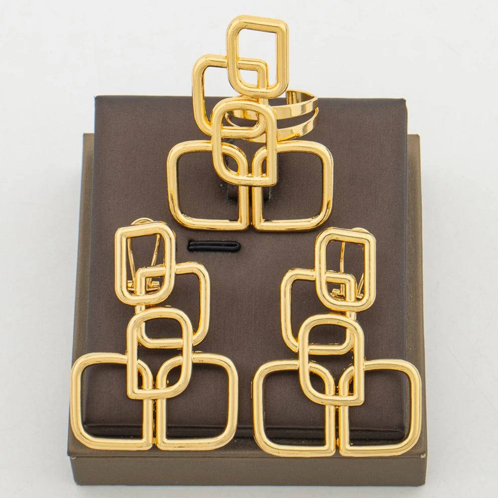 Neues Design Goldfarbene Ohrringe mit Ring Schmuckset für Partys, afrikanische Clip-Ohrringe und Cocktailring, 2-teiliges Set für Hochzeiten