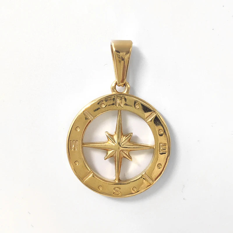 Collar con dije de brújula y estrella del norte de acero inoxidable bañado en oro de 18 quilates, hiphop, impermeable, joyería para hombre, regalo