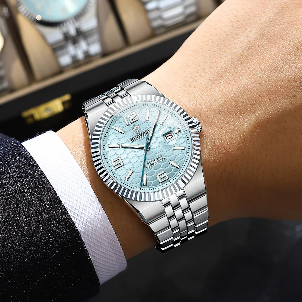 BINBOND Reloj de Hombre Original de Alta Calidad Impermeable Luminoso Fecha Lujo Reloj de Hombre de Acero Inoxidable Relojes de Cuarzo para Hombre Masculino