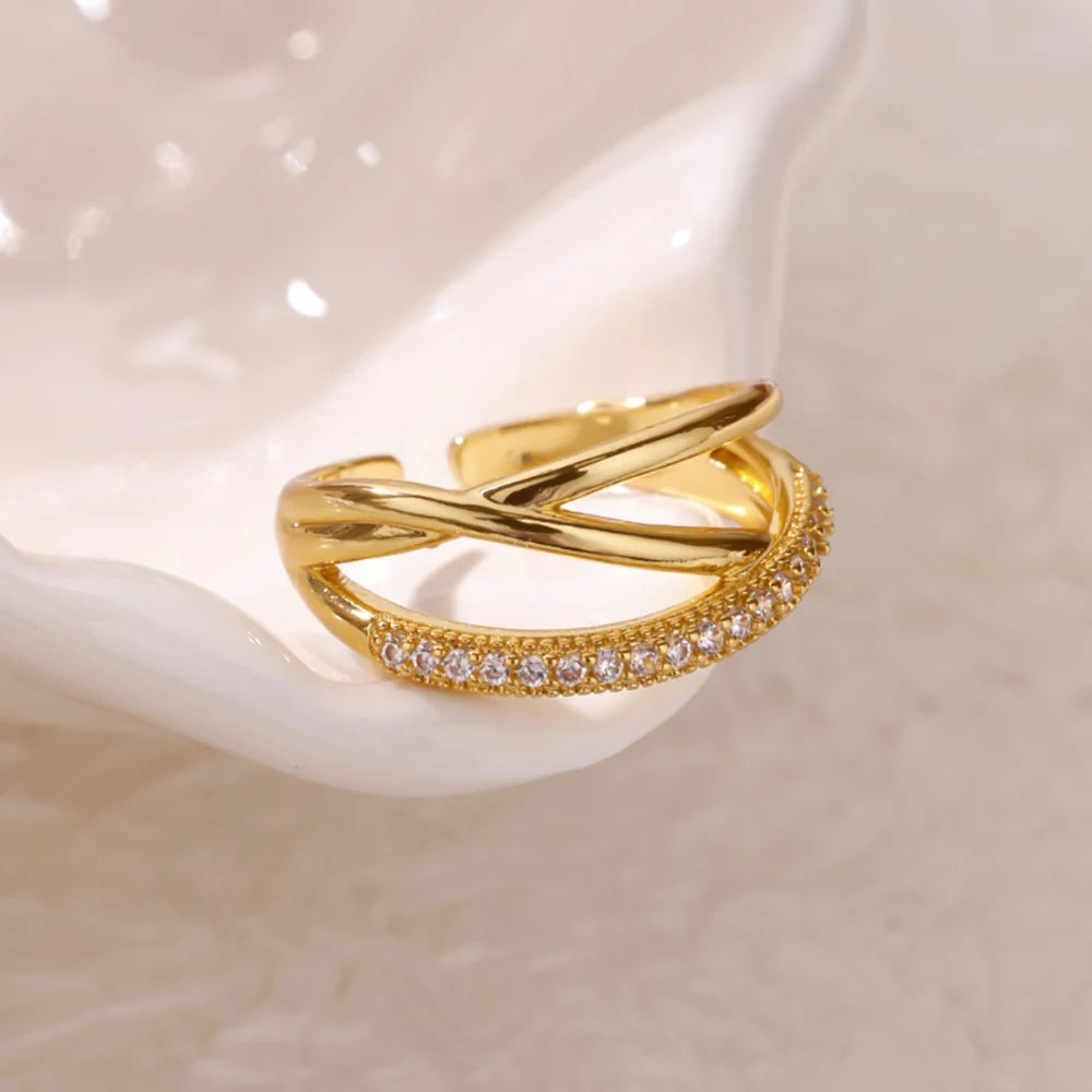 Zirkon-Ketten-Kreuzringe für Damen Vintage Goldfarbe Edelstahl Geometrischer offener Ring Mode Hochzeit Ästhetischer Schmuck Geschenk