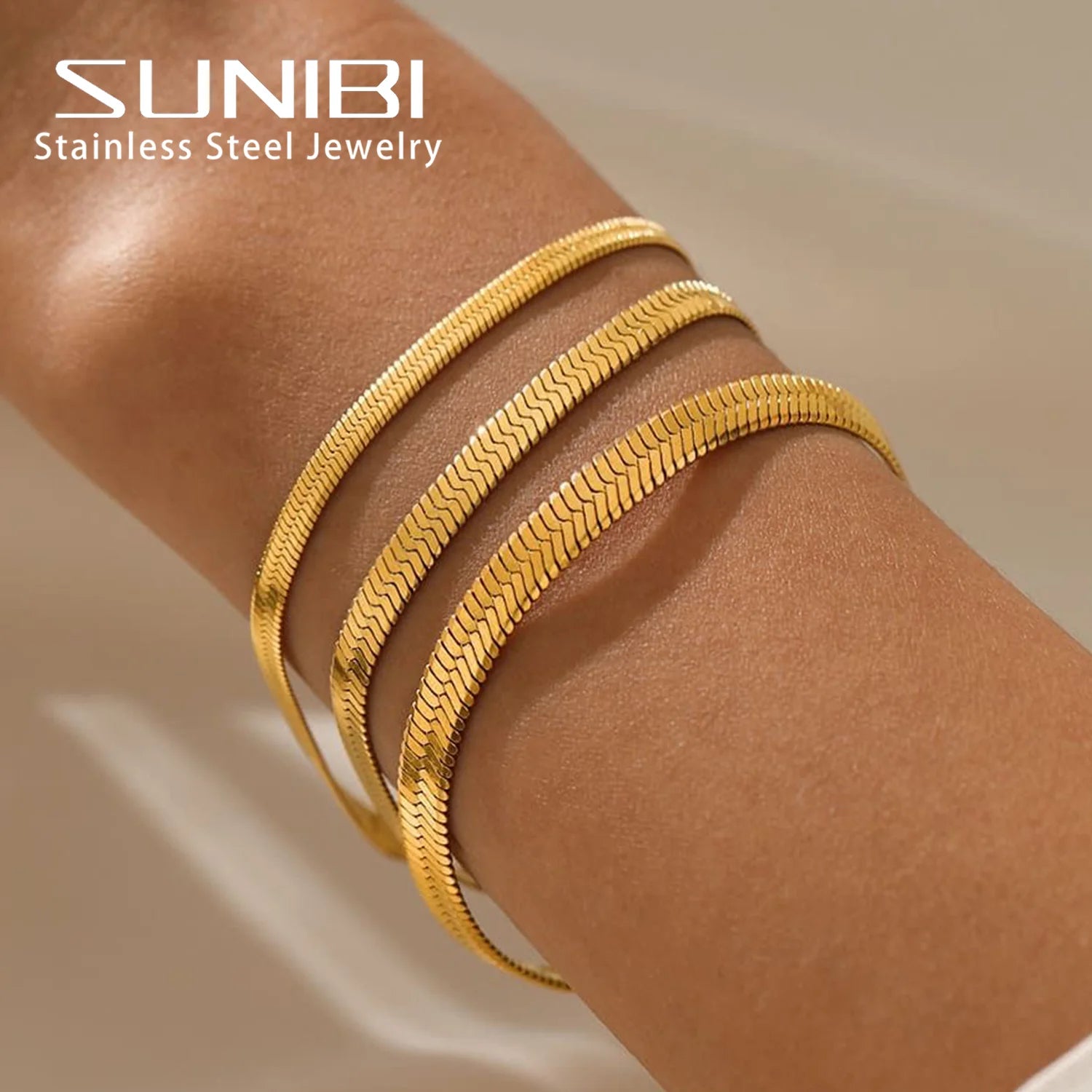 SUNIBI Damen Trend Klassisches Schlangenkette Armband Goldfarbe Breite 2/3/4/5MM Edelstahl Armband Für Frauen Schmuck Geschenk