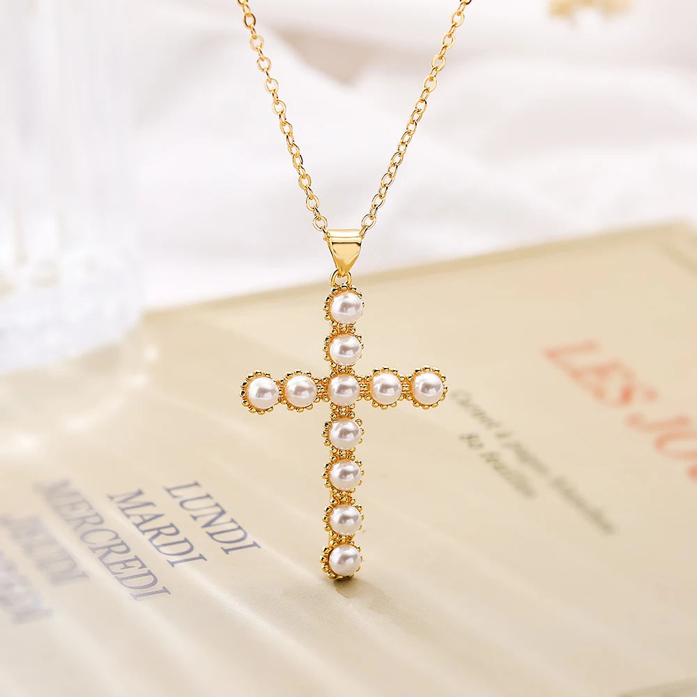 NEWBUY Classic Design Cross Pendant Gold Color 316L Stainless Steel Chain Necklace For Women Luxury Pearl Jewelry