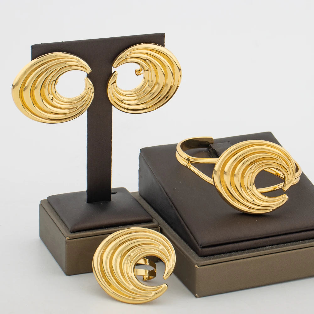 Ohrringe und Armreif Ring Schmuckset für Party Afrikanische 18 Karat Gold Farbe Ohrringe Fingerring Hochzeiten Brautschmuck Accessoires
