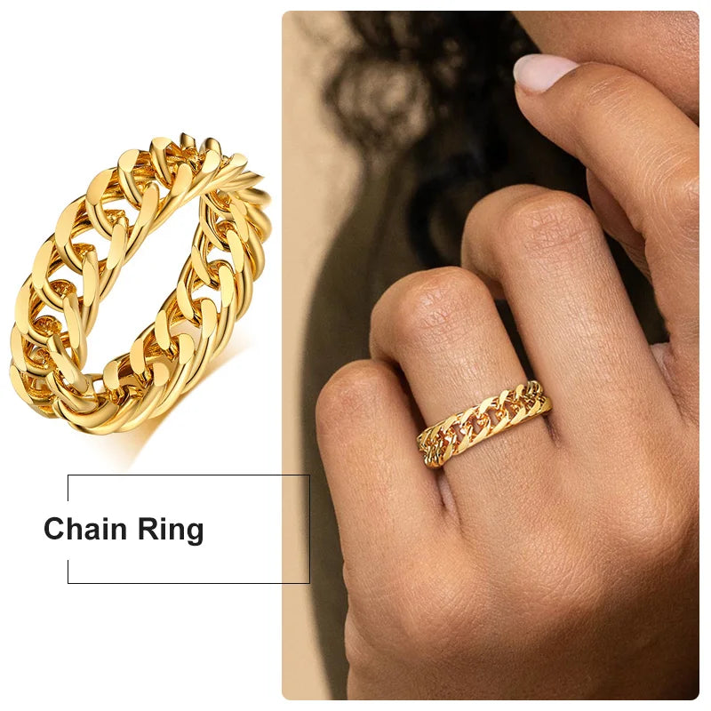6mm dicker klobiger Kettenring, kubanische Gliederkette, Edelstahl, stilvoller Ring für Frauen und Mädchen