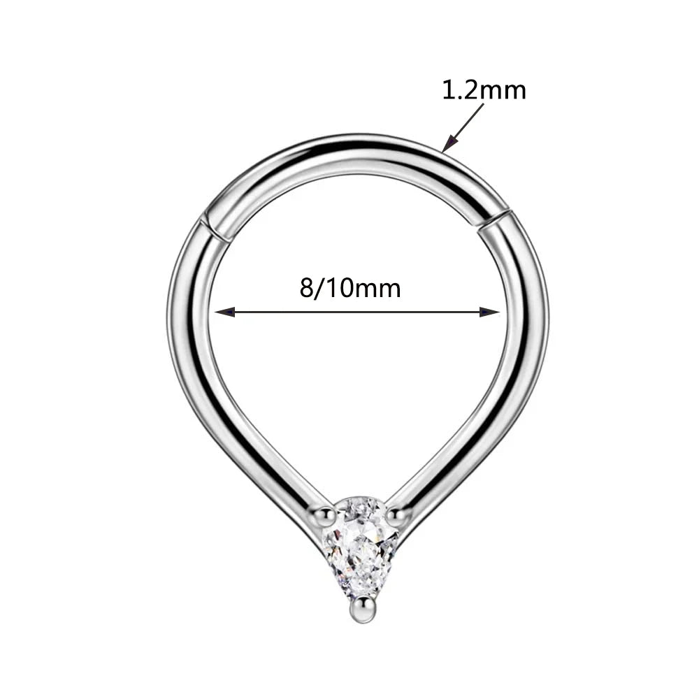 Anillo de nariz con flores, tabique, 100 % acero quirúrgico 316L, circonita, clicker, perforación Daith, cartílago de oreja, aro Helix, flores, gotas de agua