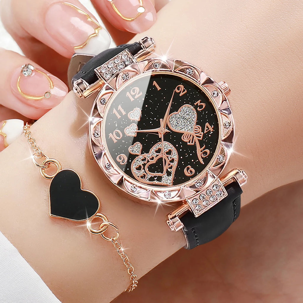4 Stück/Set Damenuhren Modische Strass-Quarzuhr für Damen mit Lederarmband und Armreif-Set (ohne Box)