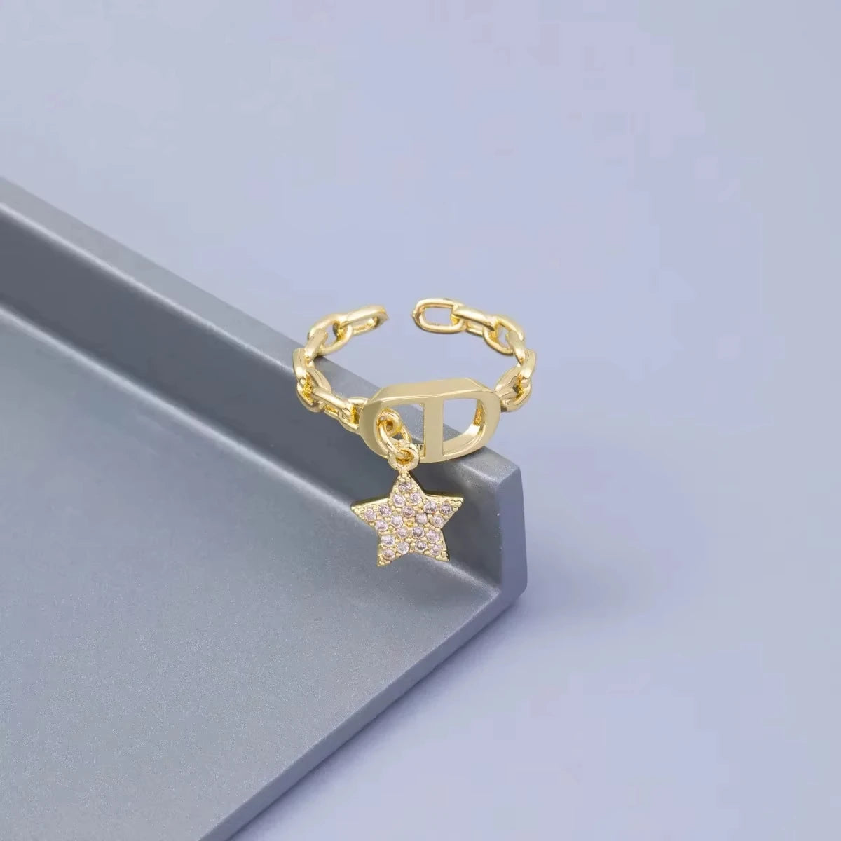 Stern Diamant Buchstaben CD Ring Nische Design Anhänger Trendiger Alltag Vielseitiger Damenring Neu Offener Verstellbarer Ring