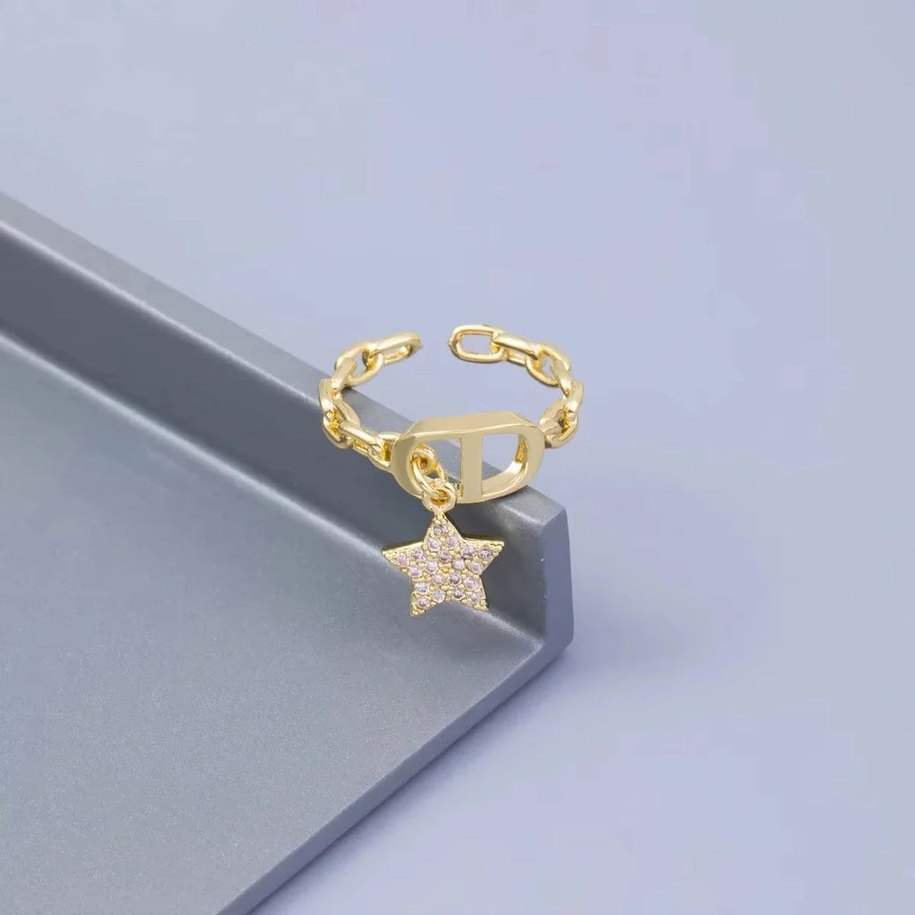 Stern Diamant Buchstaben CD Ring Nische Design Anhänger Trendiger Alltag Vielseitiger Damenring Neu Offener Verstellbarer Ring