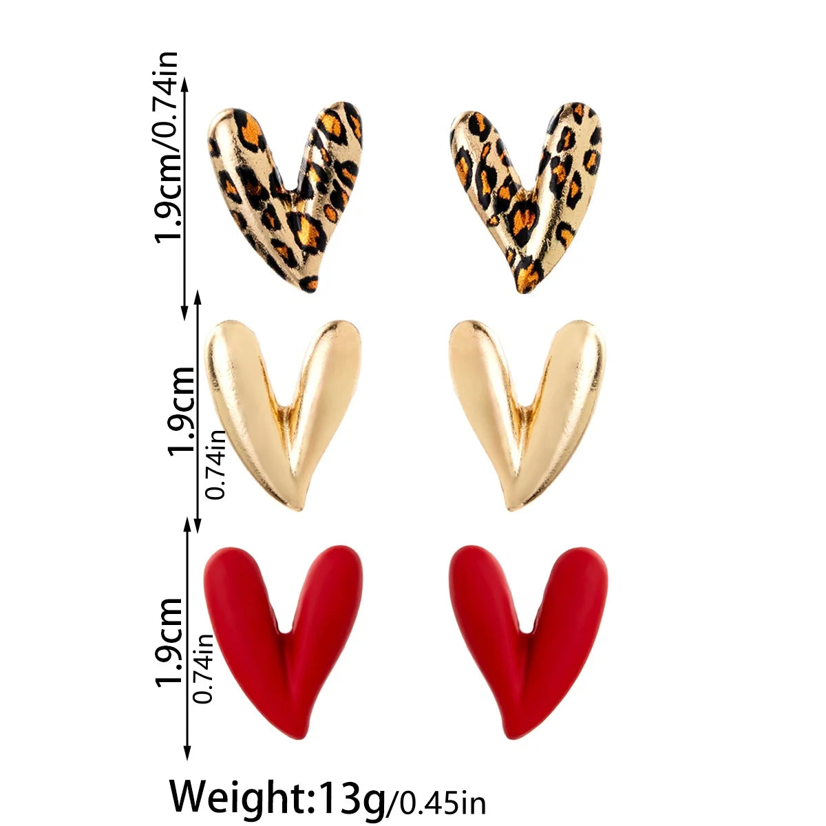 3 pairs of personalized and versatile leopard print heart-shaped women's earrings set, red spray painted earrings