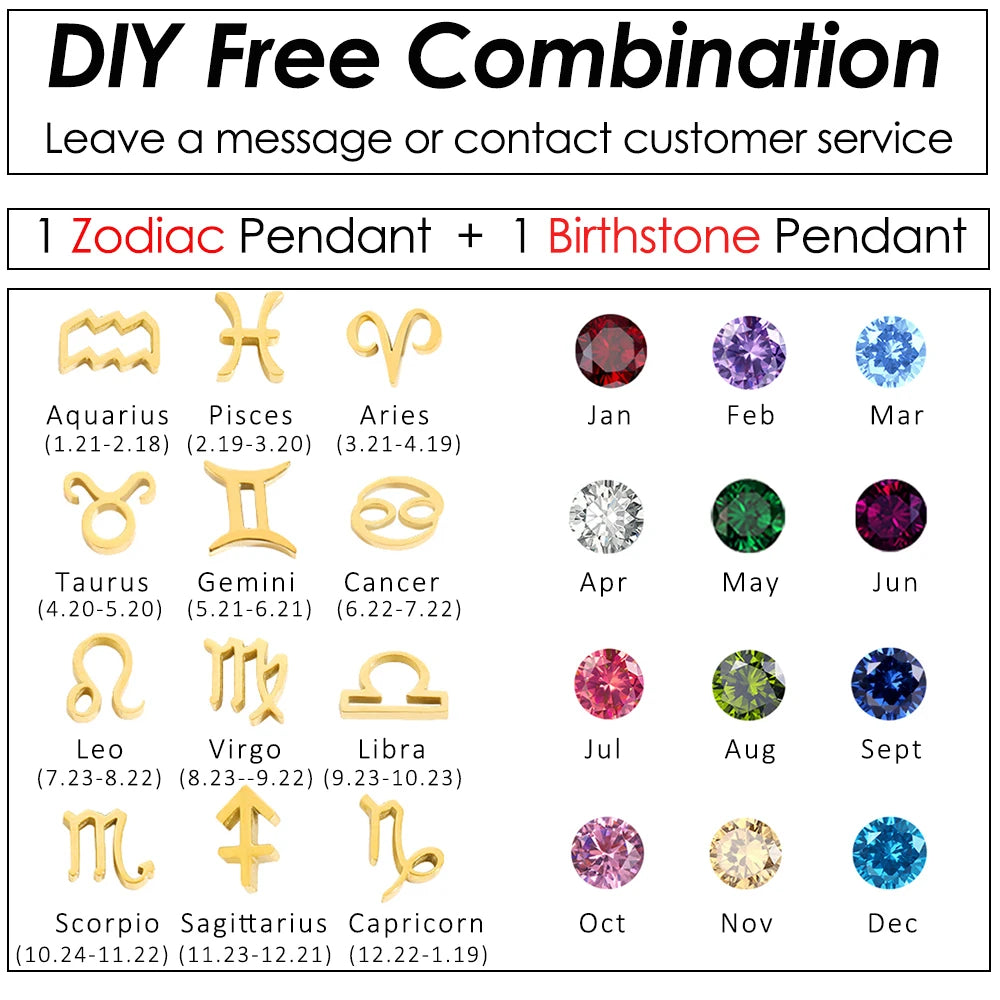 SUNIBI Stainless Steel Birthstone Zodiac Double Pendant Necklace for Woman12 Constellation Birthday Gift DIY Jewelry Wholesale