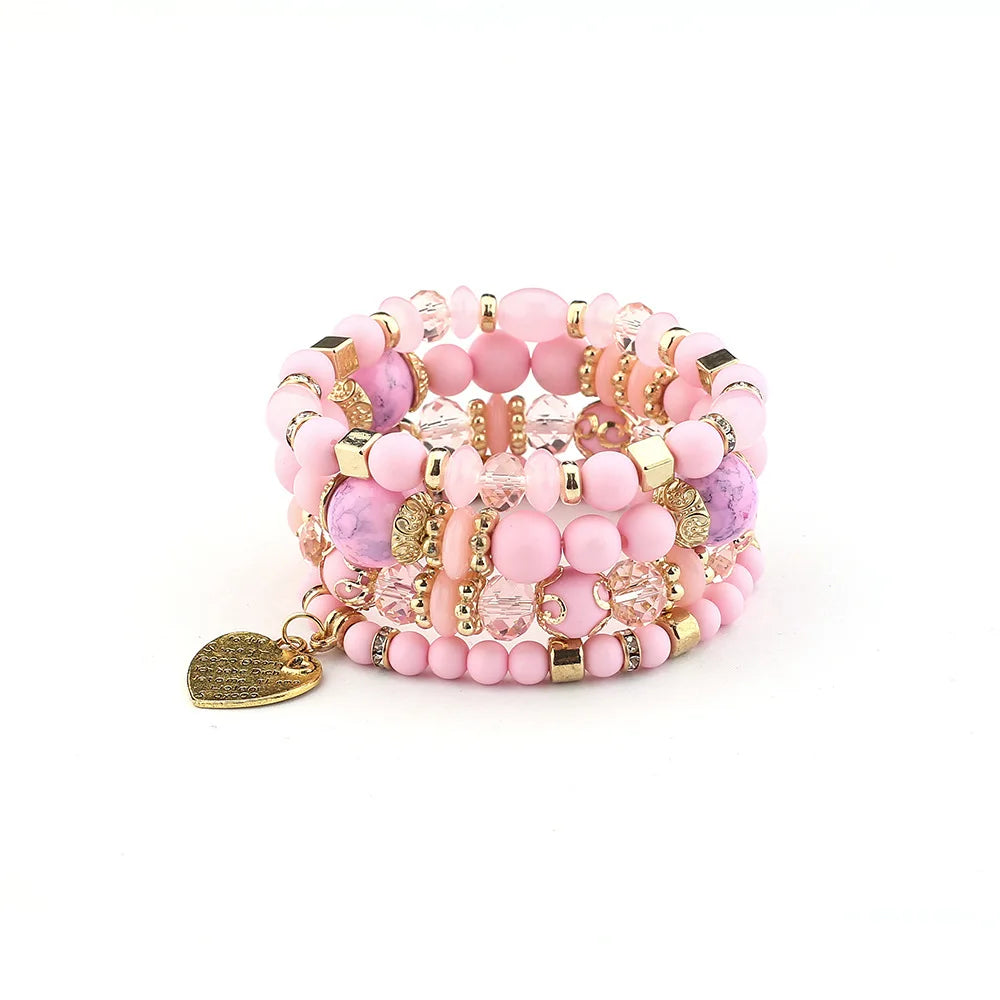 4-teiliges Set Boho Ethno Herz Perlenarmband Set für Damen Handgemachte Kristallperlenkette Armreif Weiblicher Böhmischer Schmuck Geschenk