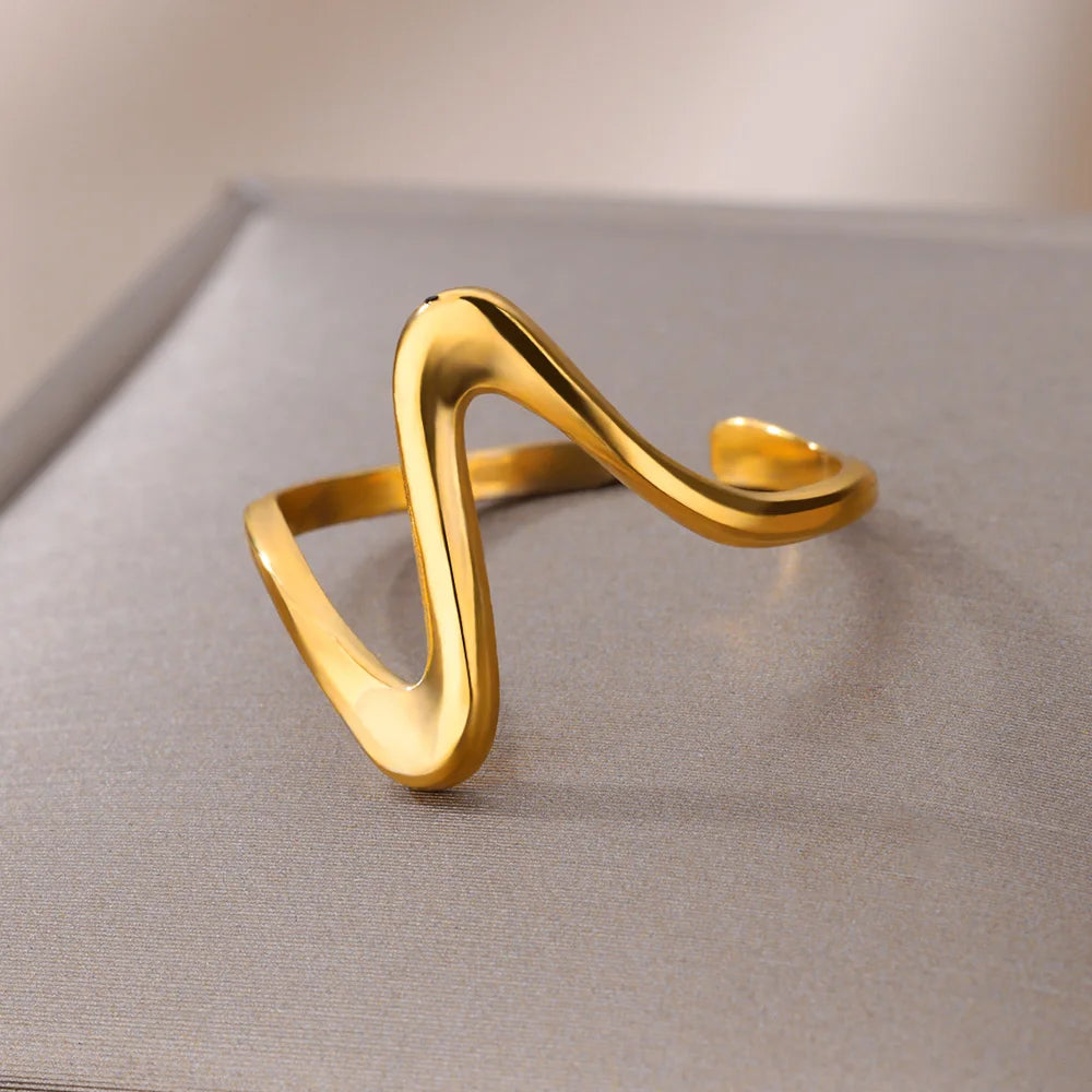 Vintage Geometrische Wellenringe für Frauen Edelstahl Goldfarbe Verstellbarer Ring Ästhetischer Hochzeitsschmuck Geschenk Kostenloser Versand