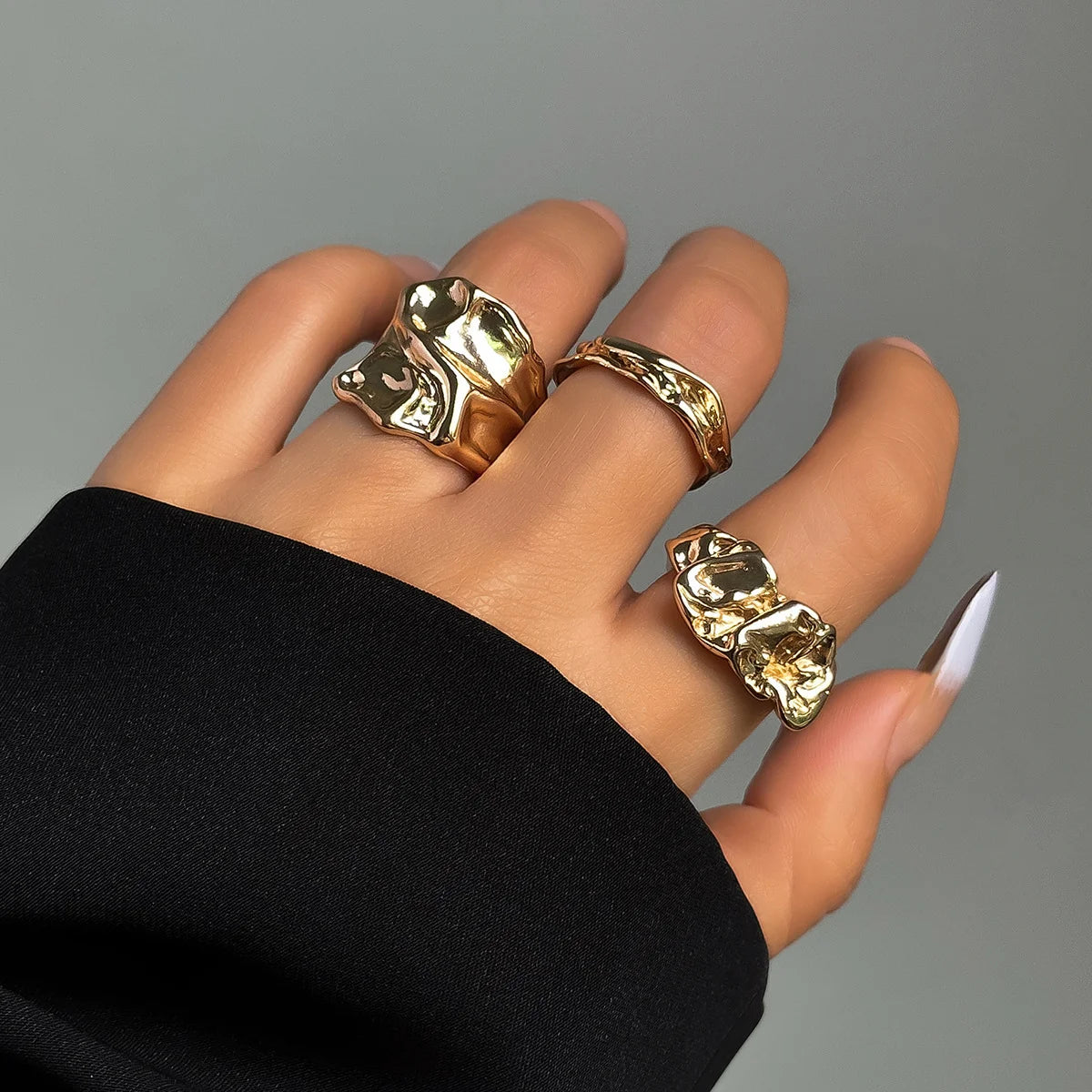 3 Stück Punk Chunky Irreguläre Ringe Set für Damen Kreative Geometrische Verstellbare Offene Fingerringe Mode Statement Schmuck Mädchen